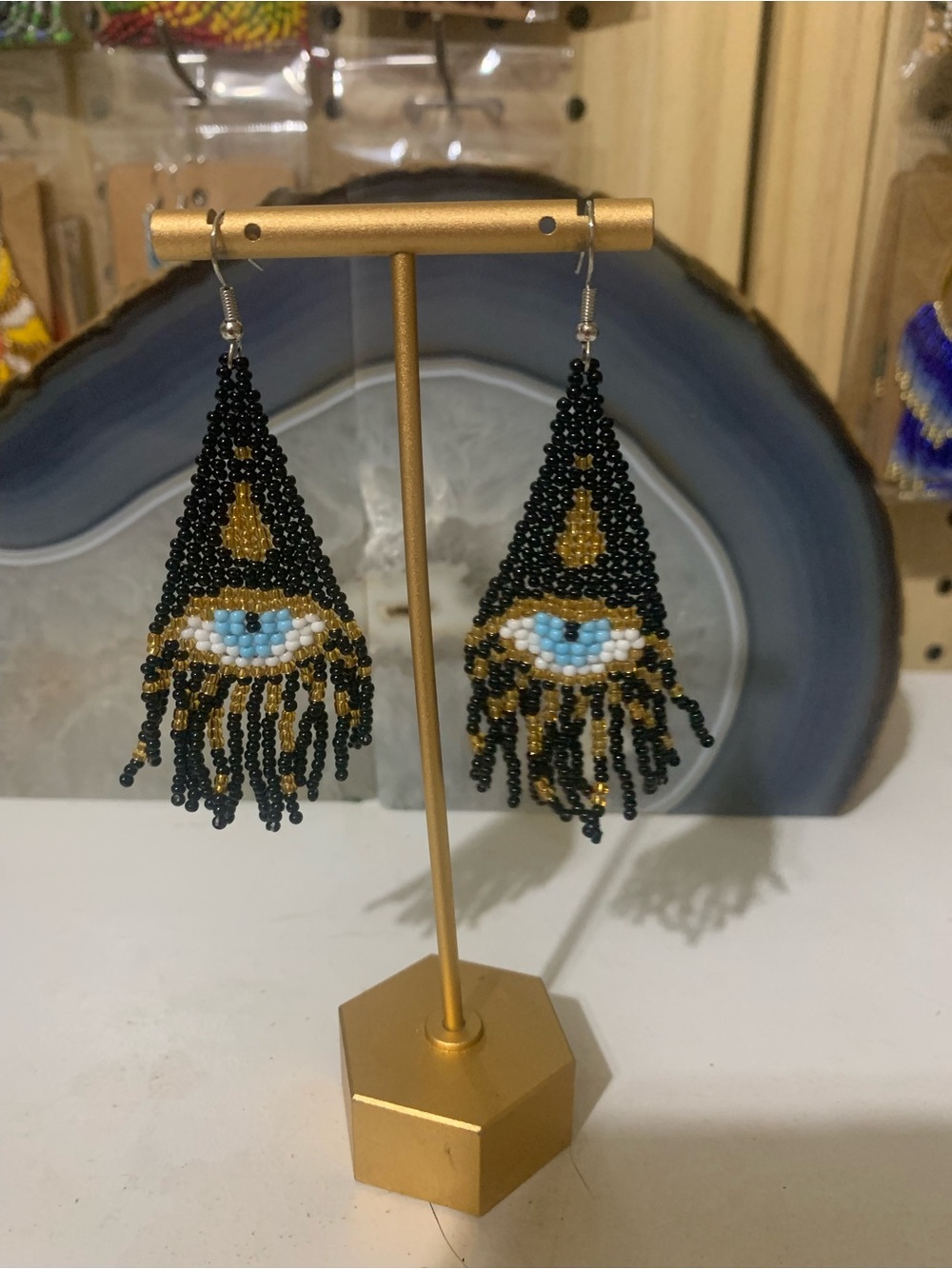 Handmade Black & Gold Beaded Evil Eye oFringe Earrings